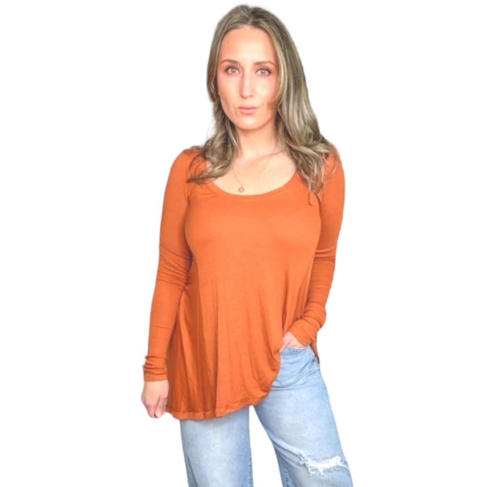 Free People Long Sleeve Scoop Neck Tunic in Burnt Orange